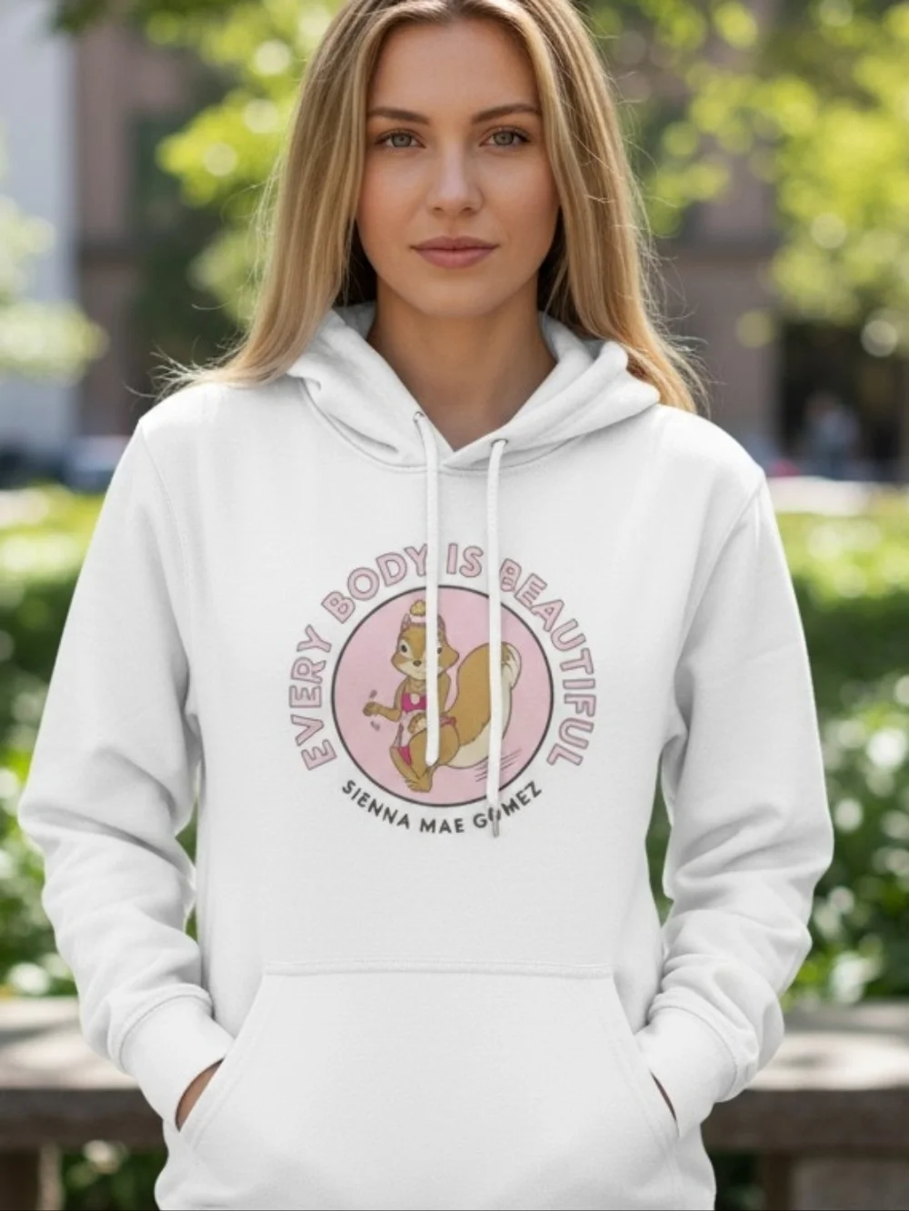 NWOT Sienna Mae Gomez White 'Every Body Is Beautiful' Graphic Unisex Hoodie - Picture 1 of 6